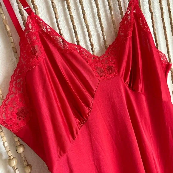 Vintage Red Lace Trim Silky Tank Slip Lingerie Dress - Picture 2 of 5